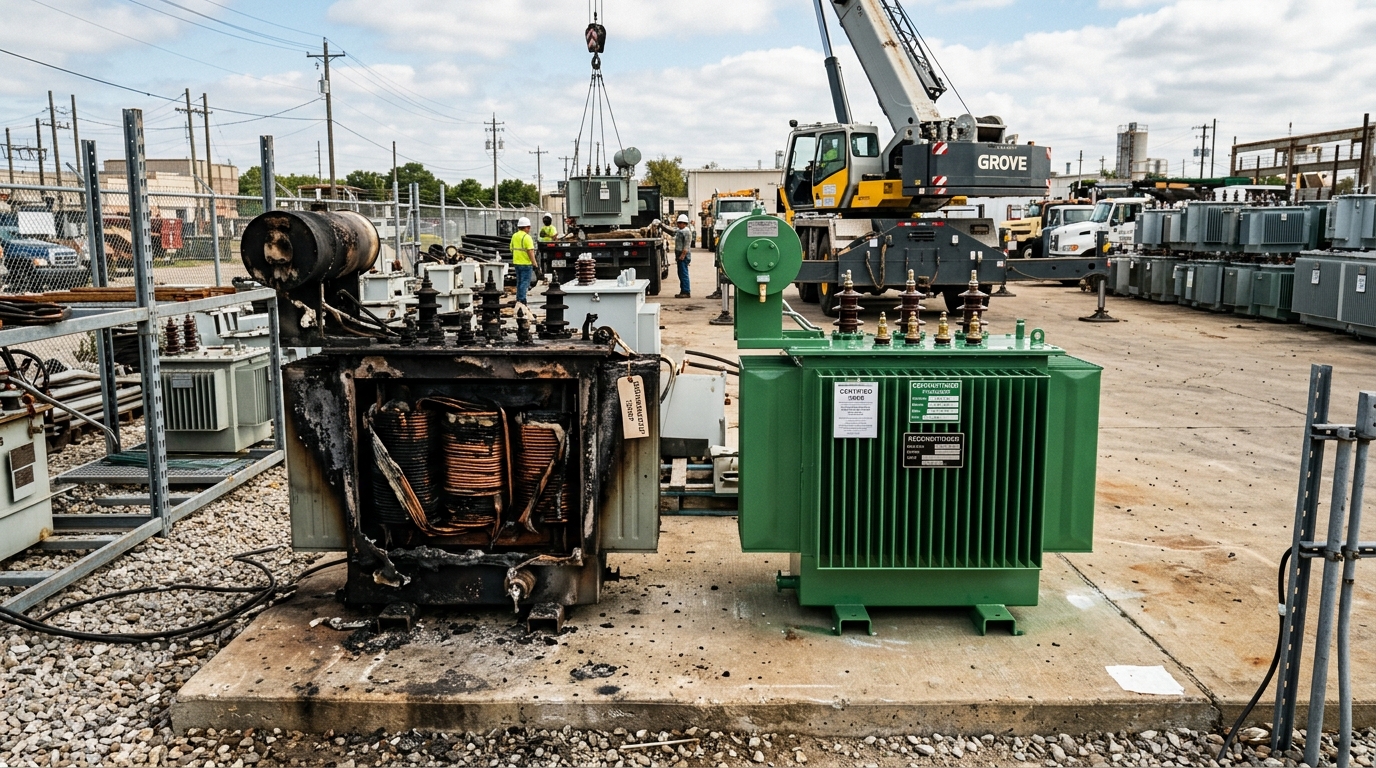 Burnt Damaged Distribution Transformer vs Reconditioned Certified Unit in Yard