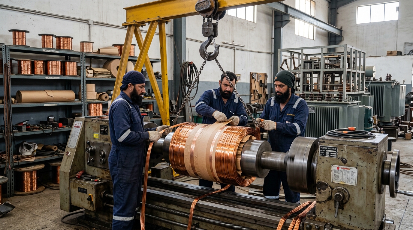 High-voltage pure copper coil rewinding at TransfoLine workshop on Raiwind Road
