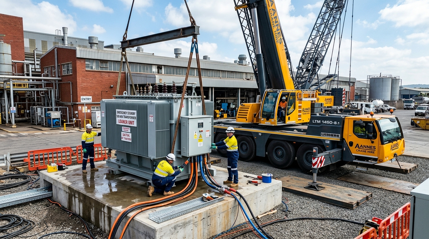Heavy Crane Mounting Emergency Standby Loaner Transformer onto Factory Plinth