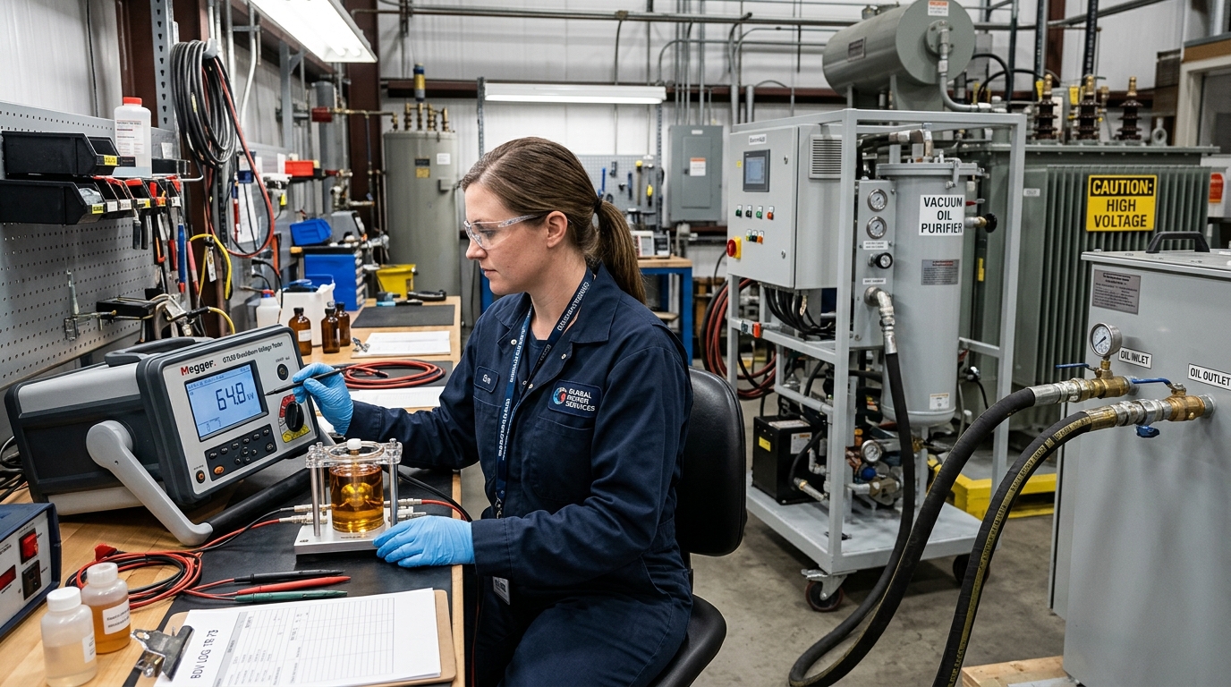 Certified technician performing transformer oil BDV dielectric breakdown testing in lab