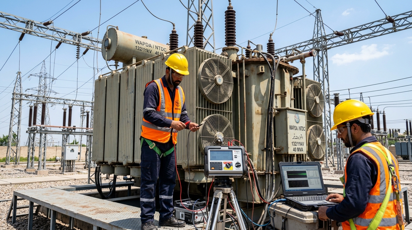 Electrical engineers conducting diagnostic testing on a 3-phase power transformer in Pakistan